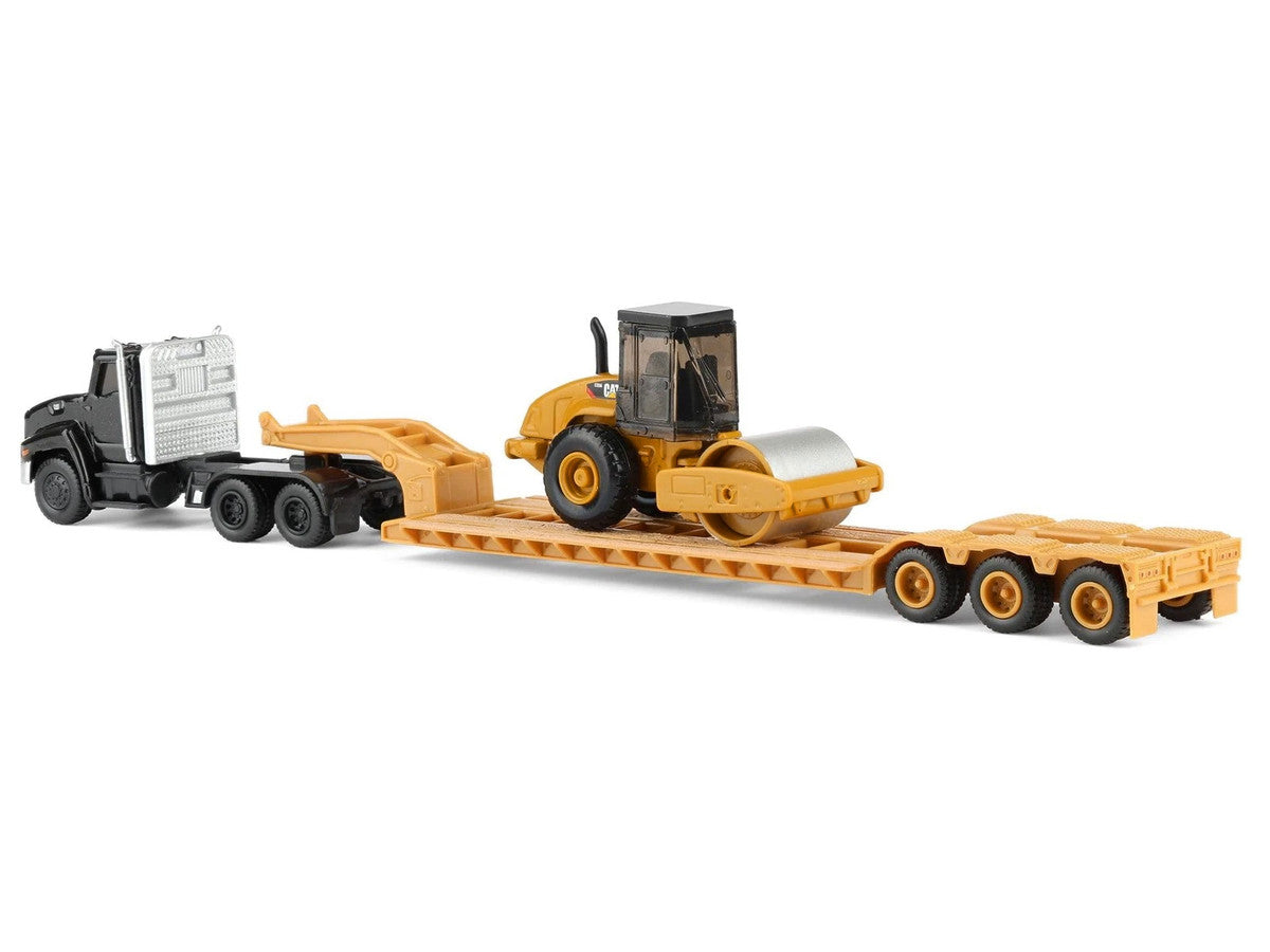 Kenworth T880 Tractor Black with Lowboy Trailer and CAT Roller Yellow 1/87 (HO) Diecast Model by Diecast Masters LuxuryLifeWay Online Store