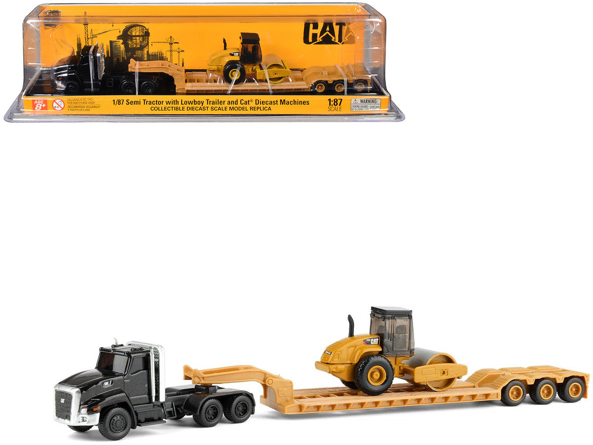 Kenworth T880 Tractor Black with Lowboy Trailer and CAT Roller Yellow 1/87 (HO) Diecast Model by Diecast Masters LuxuryLifeWay Online Store