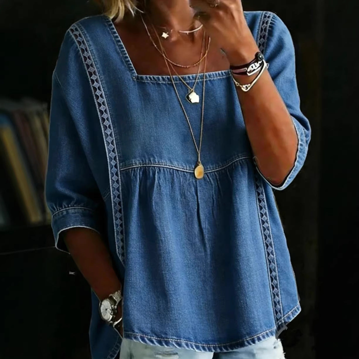 Denim And Lace Patchwork Blouse European And American Style NorixaFashion.com