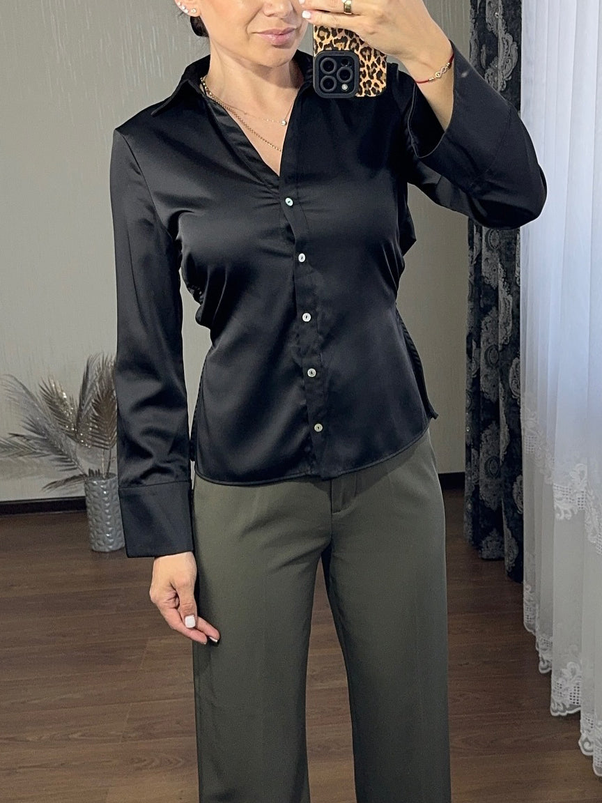 Black Satin Backless Lace-up Shirt NorixaFashion.com