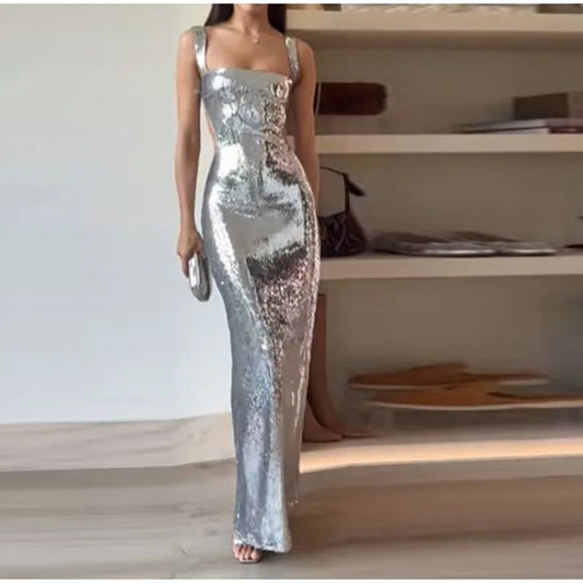 Silver Sequin Halter Dress NorixaFashion.com