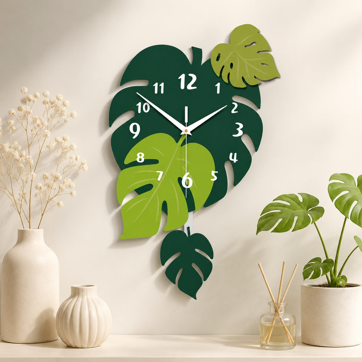 Acrylic Leaf Wall Clock Tropical Decorative Home Decor PearlNestDecor.com