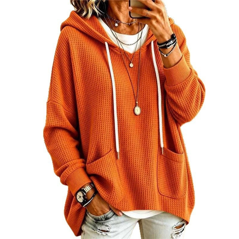 2026 European And American Women's Clothing Amazon Independent Station Waffe Loose Long Sleeve Hoodie Casual Hooded NorixaFashion.com