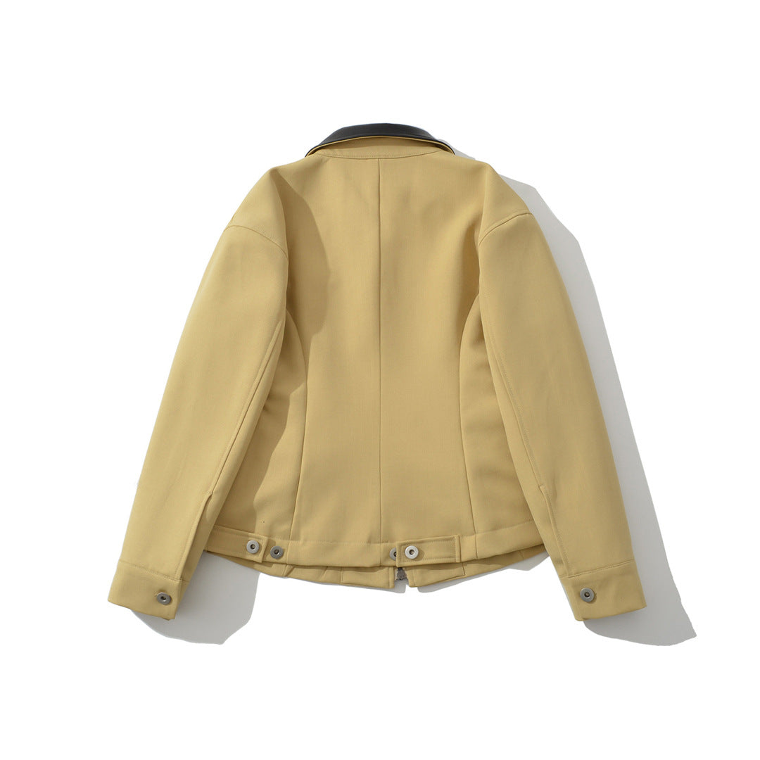 Retro Lapels Contrast Color Waist-tight Motorcycle Slim-fit Leather Coat Zipper Jacket LadyShow.Store