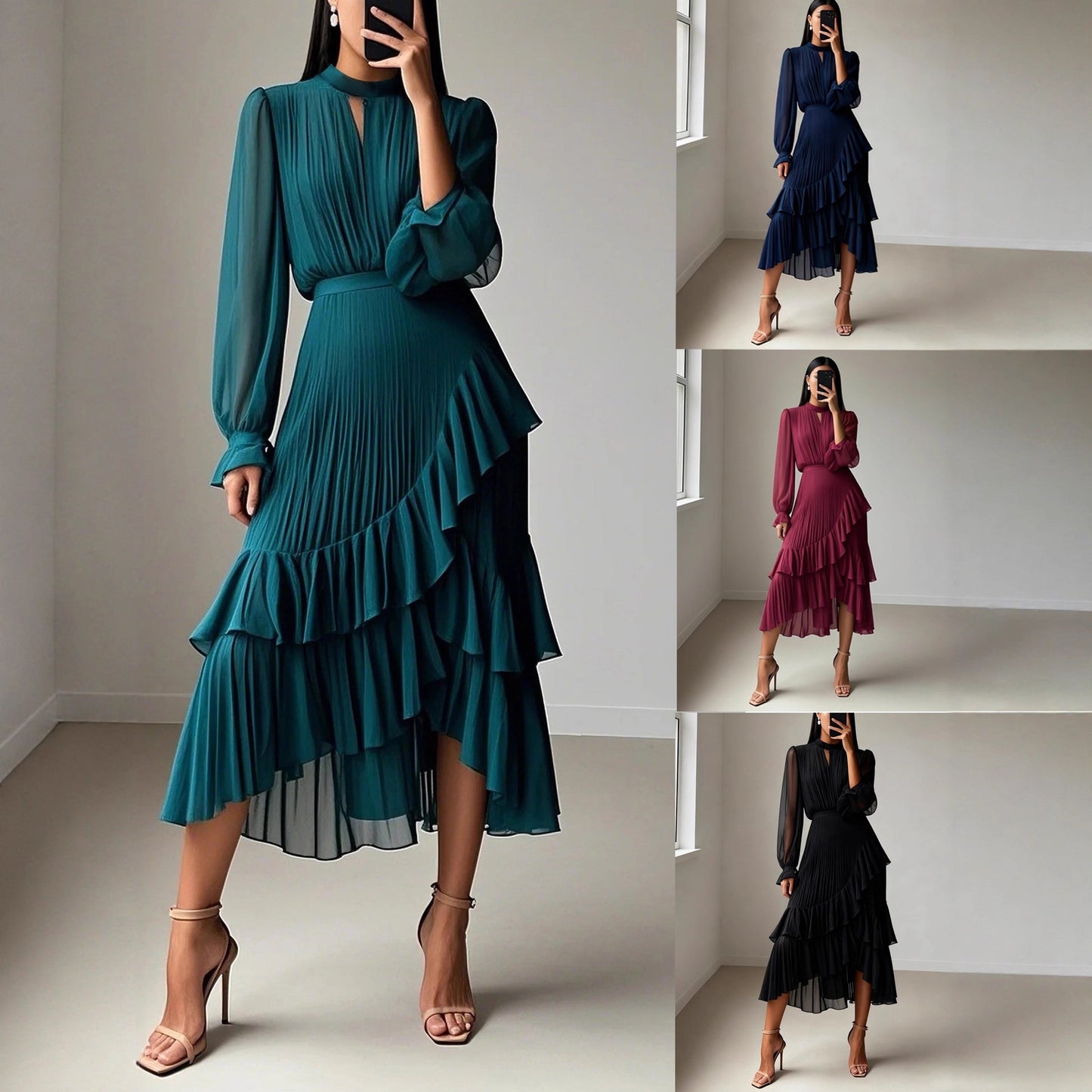 Ruffled Pleated Midi Dress For Women NorixaFashion.com
