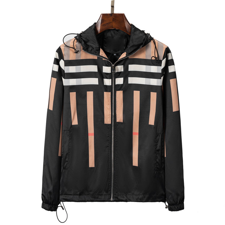 Men's Casual Trench Jacket with Stripe Plaid Print Pi-Mart