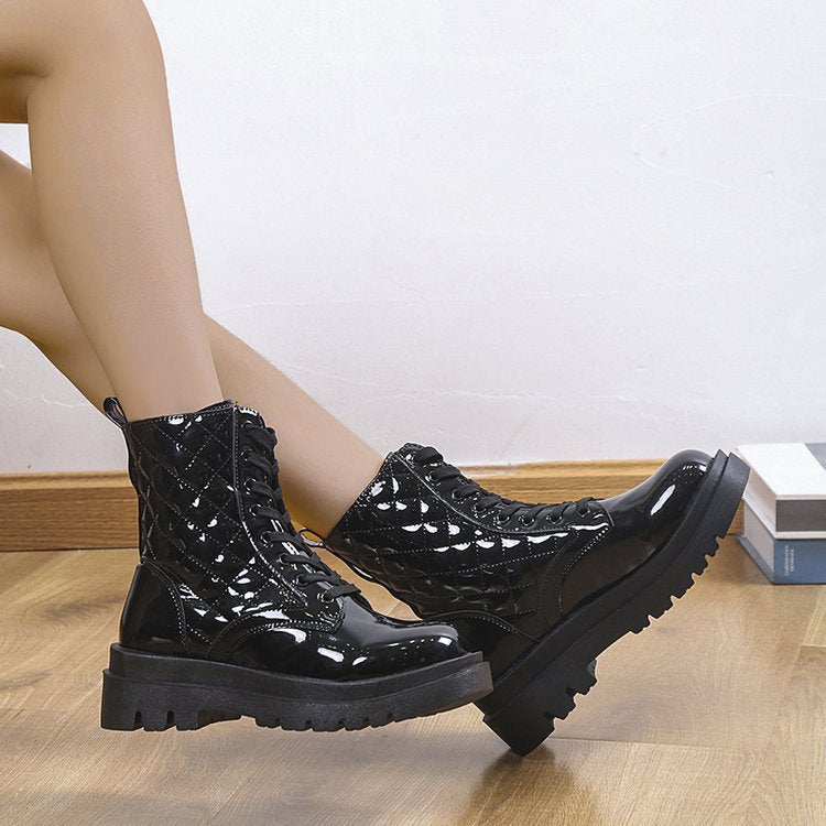 Lace-up Thick-heeled Boots Winter Casual Round Toe Platform Ankle Boots Women Fashion Quilted Pattern Minimalist Motorcycle Shoes LadyShow.Store