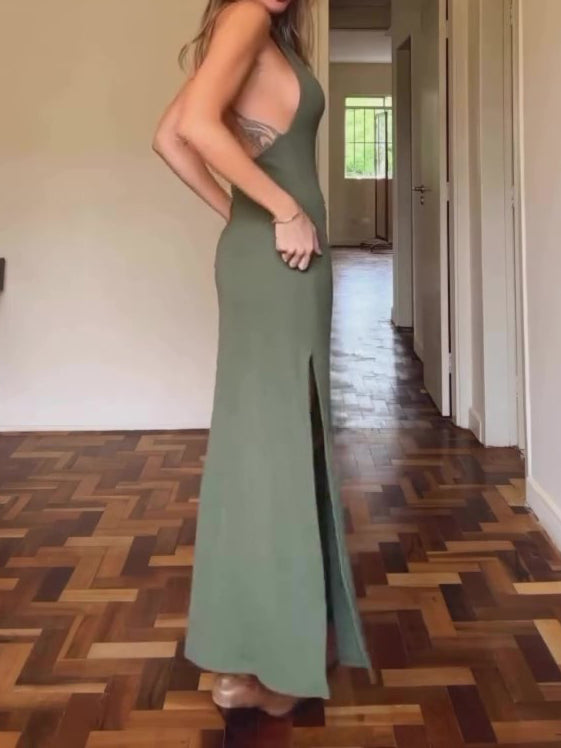 Halter Neck Open Back Slit Dress NorixaFashion.com