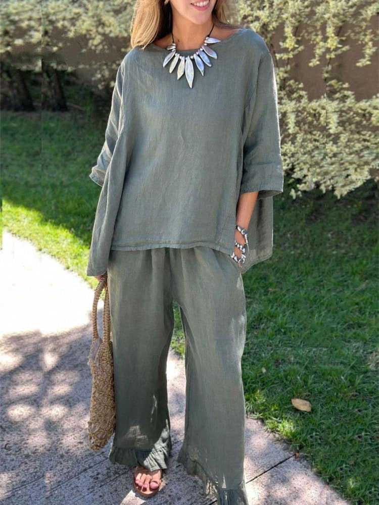 Cotton And Linen Women's Fashion Loose Trousers Two-piece Suit NorixaFashion.com