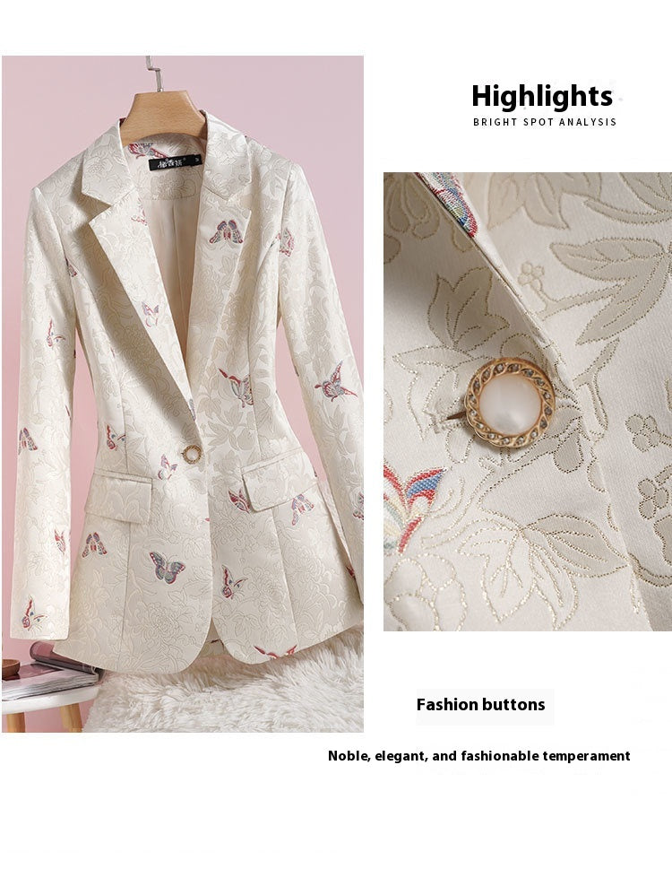 Women's Apricot Waist-tight Design National Style Printed Suit Jacket NorixaFashion.com