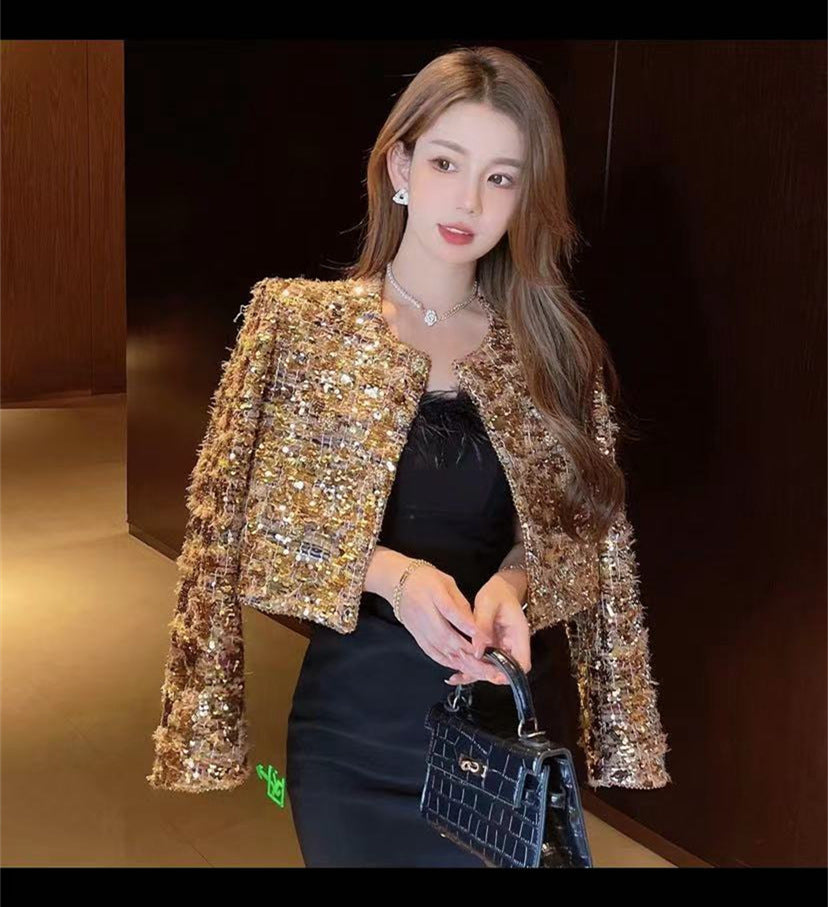 Gold Sequins Light Luxury Heavy Industry Advanced Ladies Fashion French Coat Best YouTube Store