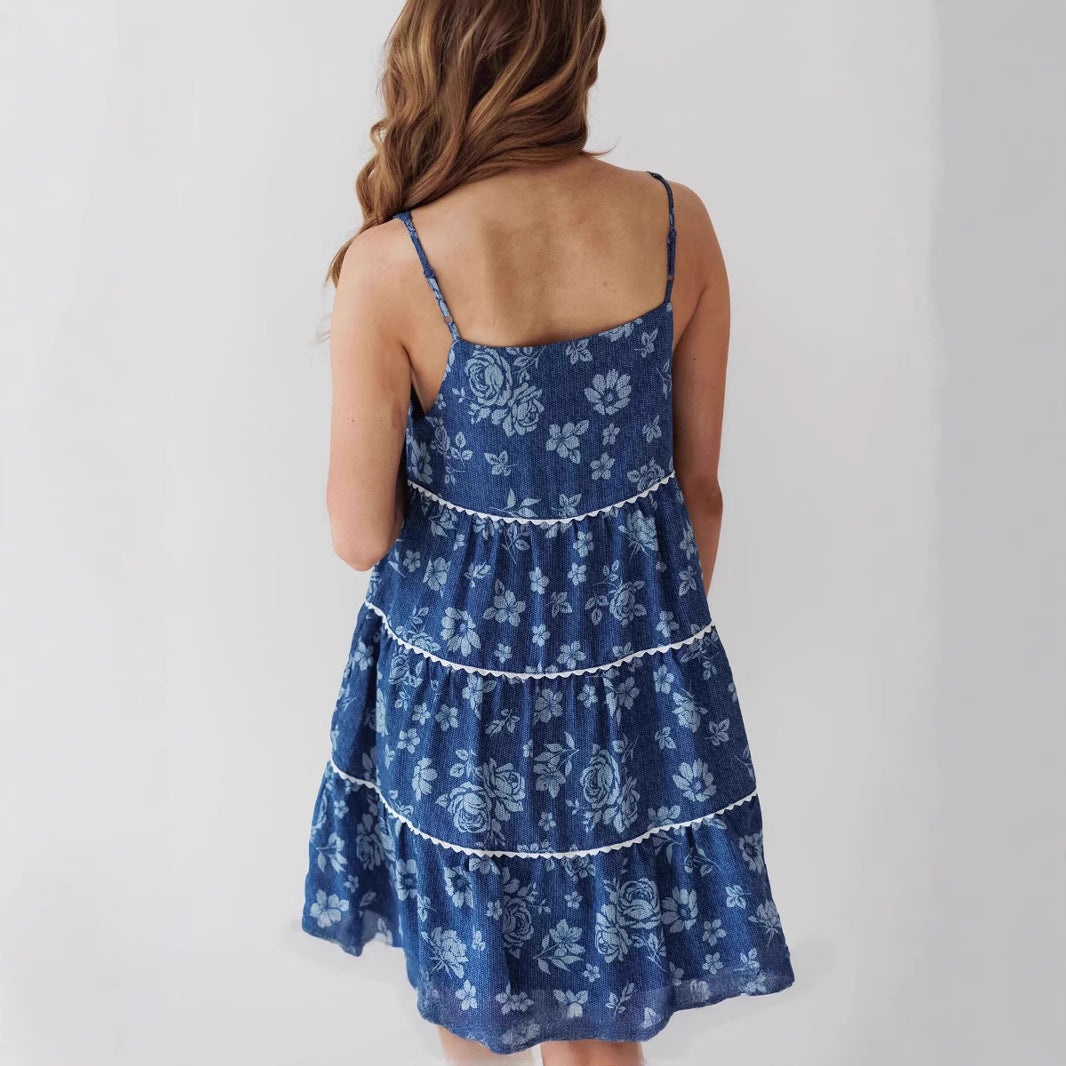 Sling Pleated Backless Denim Dress Women NorixaFashion.com
