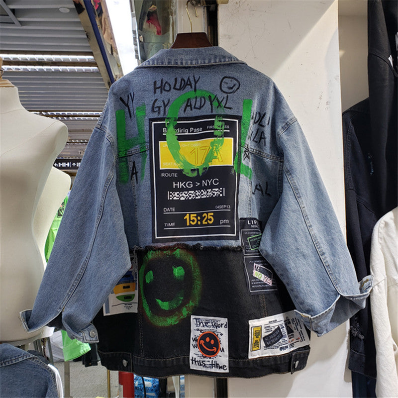 Women's Spliced Graffiti Print Denim Jacket for Streetwear Pi-Mart
