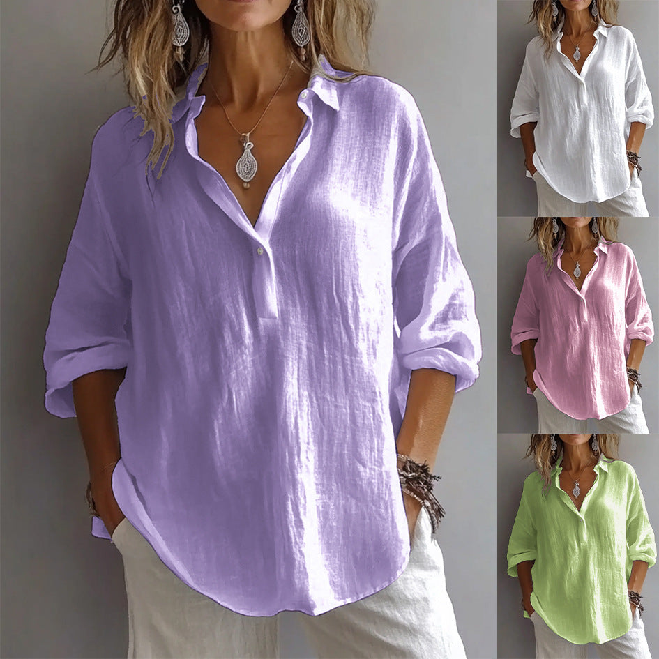 Fashion Long-sleeved Lapel Pullover Shirt Casual Loose Solid Color T-shirt Tops Women's Clothing NorixaFashion.com