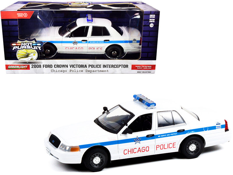 2008 Ford Crown Victoria Police Interceptor "CAPS" White with Blue Stripes "Chicago Police Department" "Hot Pursuit" Series 1/24 Diecast Model Car by Greenlight LuxuryLifeWay Online Store