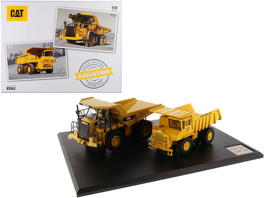 CAT Caterpillar 769 Off-Highway Truck (1963-2006) and CAT Caterpillar 770 Off-Highway Truck (2007-Present) with Operators "Evolution Series" Set of 2 pieces 1/50 Diecast Models by Diecast Masters LuxuryLifeWay Online Store