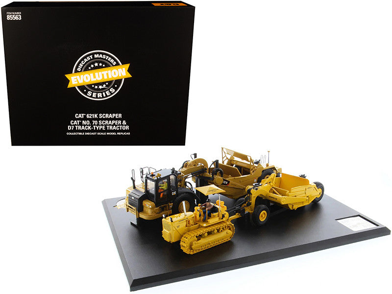 CAT Caterpillar 621K Tractor Scraper and CAT Caterpillar D7 Track-Type Tractor with No. 70 Scraper Set "Evolution Series" 1/50 Diecast Models by Diecast Masters LuxuryLifeWay Online Store