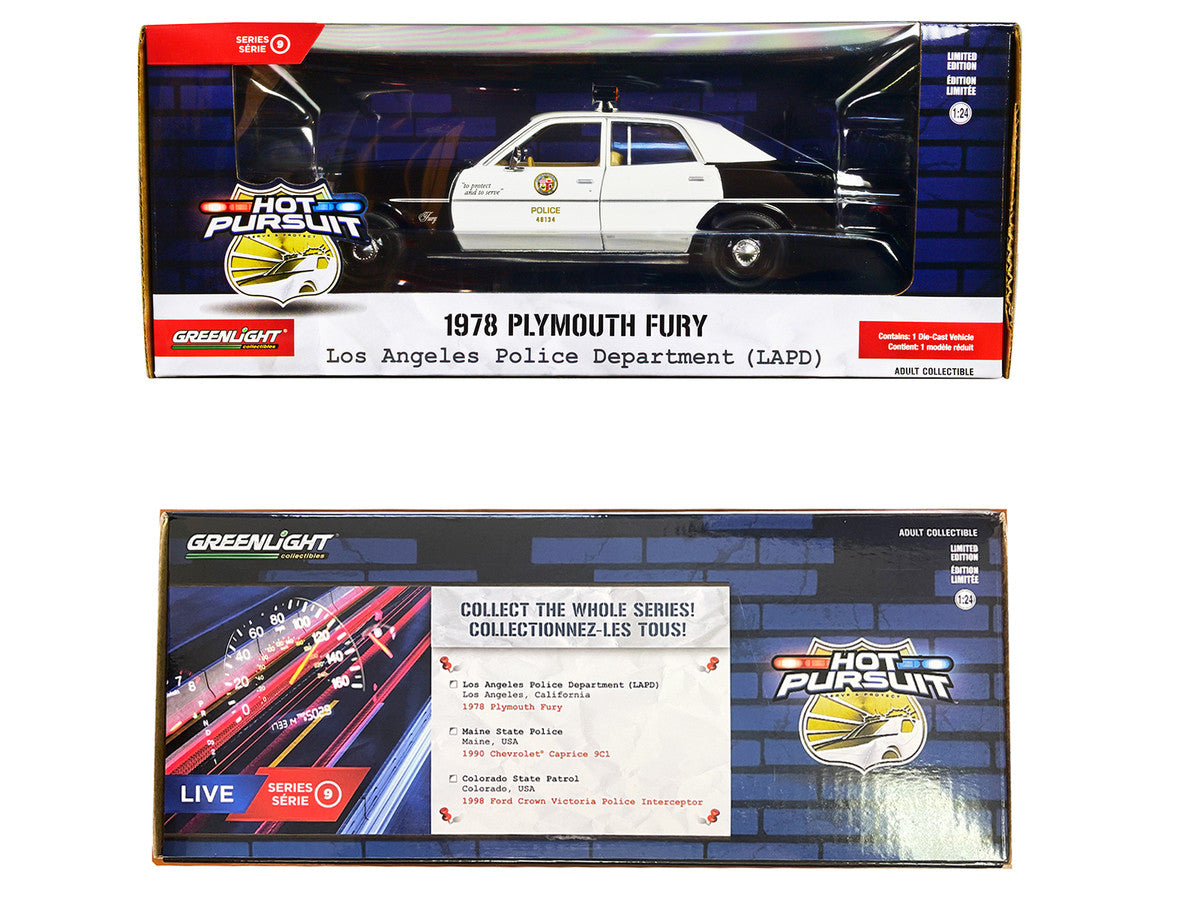 1978 Plymouth Fury Black and White "LAPD (Los Angeles Police Department)" "Hot Pursuit" Series 9 1/24 Diecast Model Car by Greenlight LuxuryLifeWay Online Store