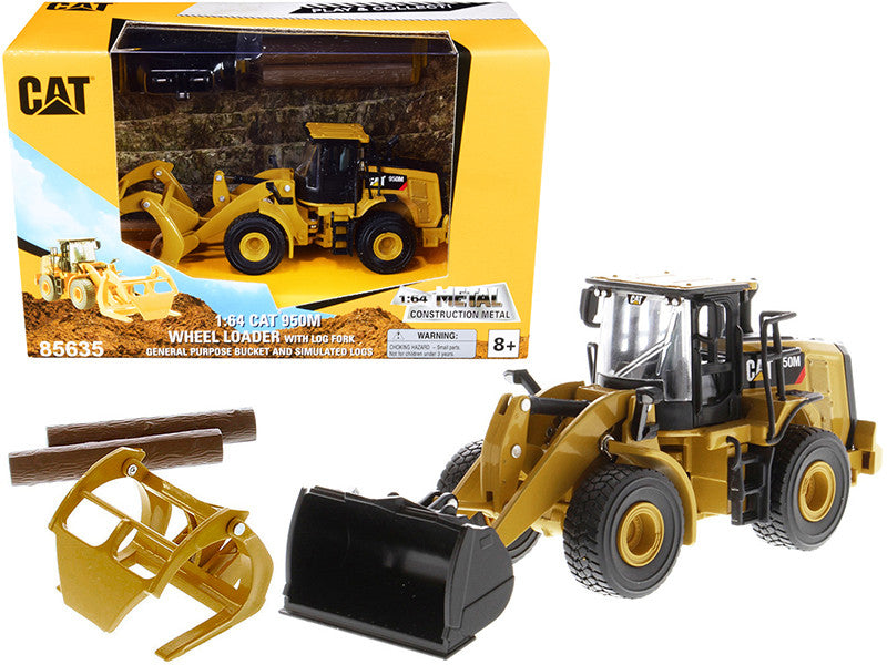 CAT Caterpillar 950M Wheel Loader with Bucket and Log Fork with Two Log Poles "Play & Collect!" 1/64 Diecast Model by Diecast Masters LuxuryLifeWay Online Store