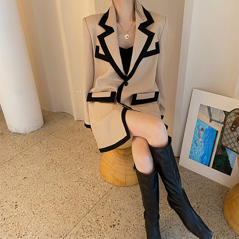 Stylish French Style Color Block Blazer Jacket for Women Pi-Mart