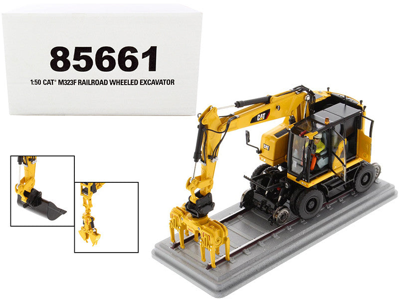 CAT Caterpillar M323F Railroad Wheeled Excavator with Operator and 3 Work Tools Safety Yellow Version "High Line Series" 1/50 Diecast Model by Diecast Masters LuxuryLifeWay Online Store