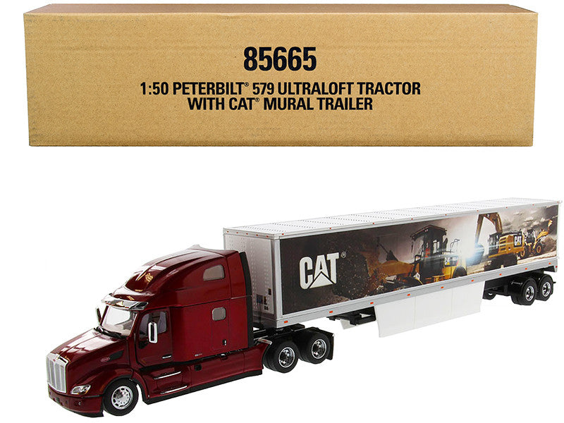 Peterbilt 579 UltraLoft Truck Tractor Red with "CAT Caterpillar" Mural Dry Van Trailer "Transport Series" 1/50 Diecast Model by Diecast Masters LuxuryLifeWay Online Store