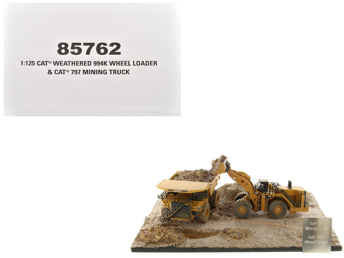 CAT Caterpillar 994K Wheel Loader and 797 Mining Truck Yellow (Weathered) Set of 2 Pieces "Weathered Series" 1/125 Diecast Model by Diecast Masters LuxuryLifeWay Online Store