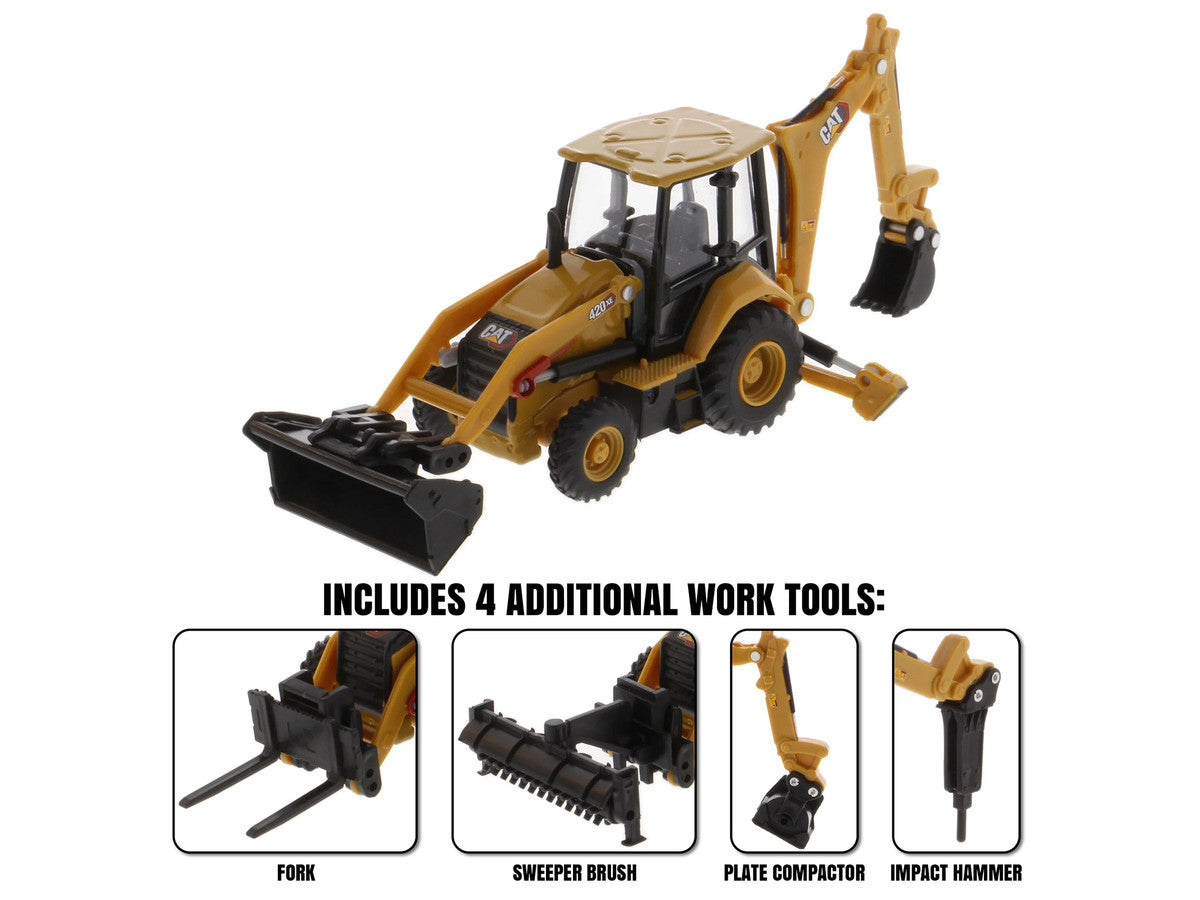 CAT Caterpillar 420 XE Backhoe Loader with Work Tools Yellow 1/64 Diecast Model by Diecast Masters LuxuryLifeWay Online Store