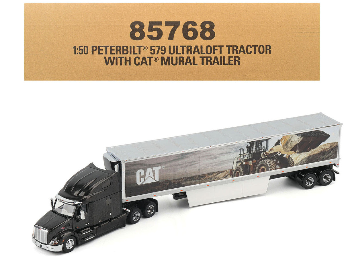 Peterbilt 579 UltraLoft Truck Tractor Black Metallic with "CAT Caterpillar" Mural Trailer "Transport Series" 1/50 Diecast Model by Diecast Masters LuxuryLifeWay Online Store