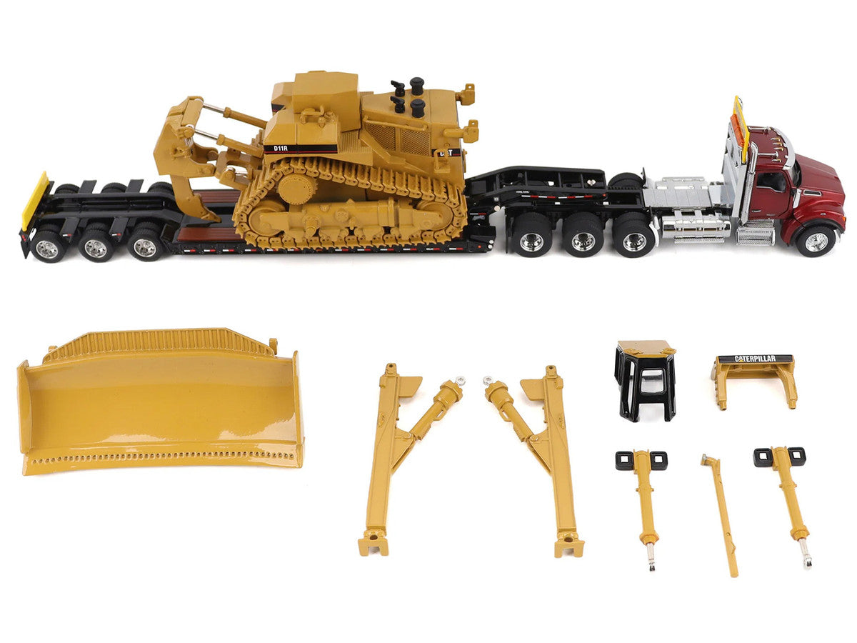 Kenworth T880 Day Cab Red and Trail King TK120 Lowboy Trailer with CAT Caterpillar D11R Dozer and Components Load "Transport Series" 1/50 Diecast Model by Diecast Masters LuxuryLifeWay Online Store