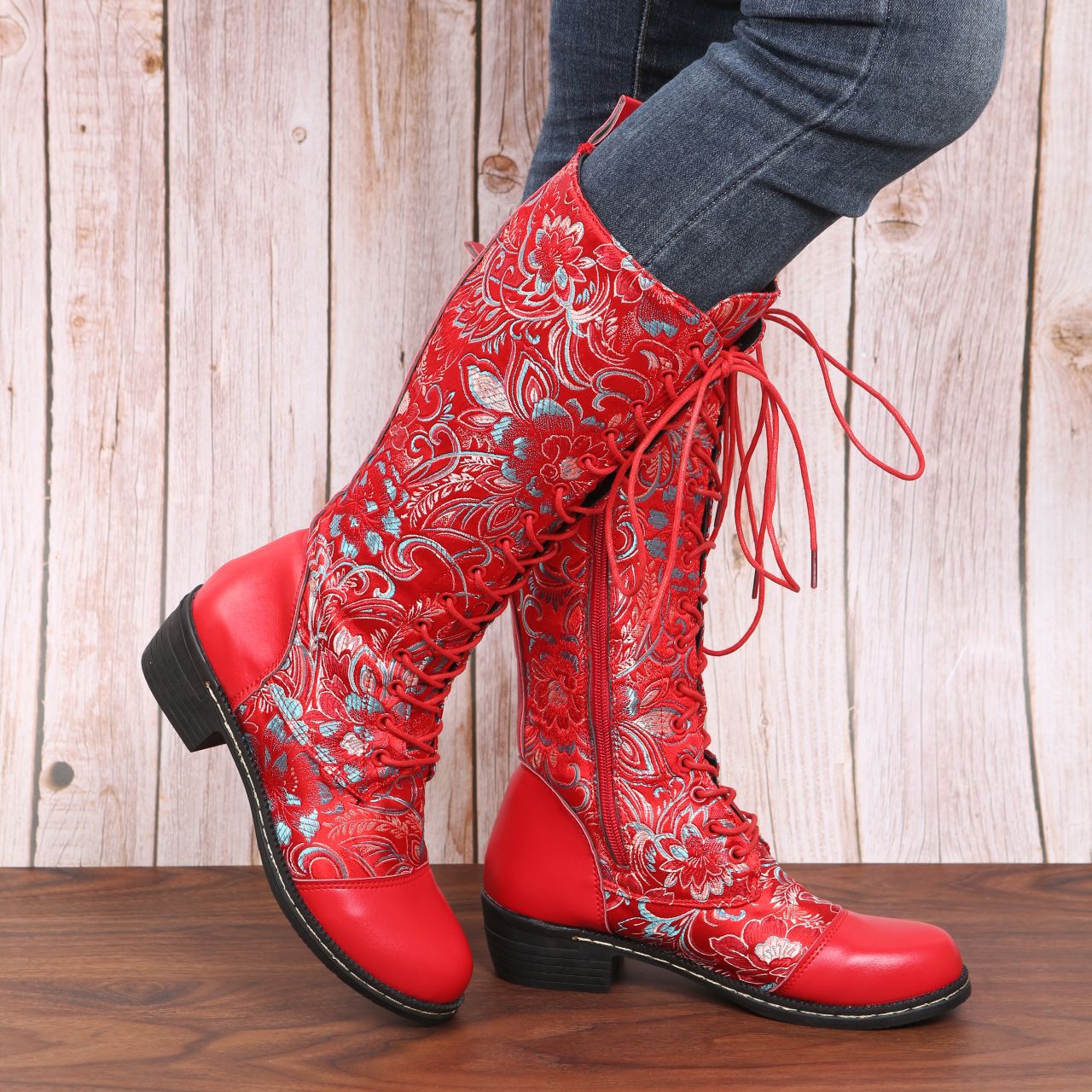 Flowers Print Long Boots WInter Retro Ethnic Style Shoes Lace-up Heeled Boots Women LadyShow.Store