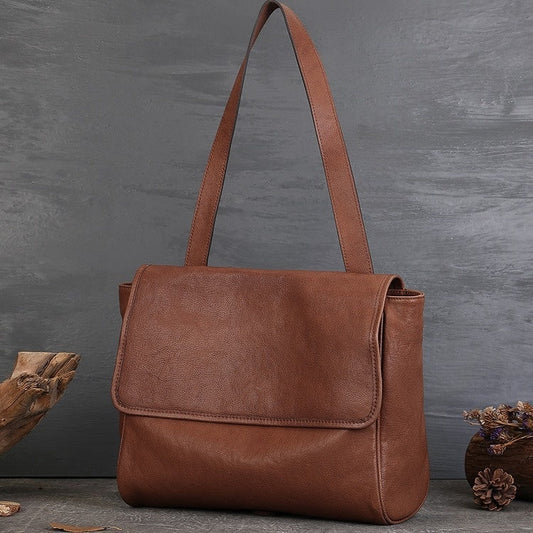 Solid Color Cowhide Tote Bag Simple Commute Shoulder Messenger Bag For Women LadyShow.Store