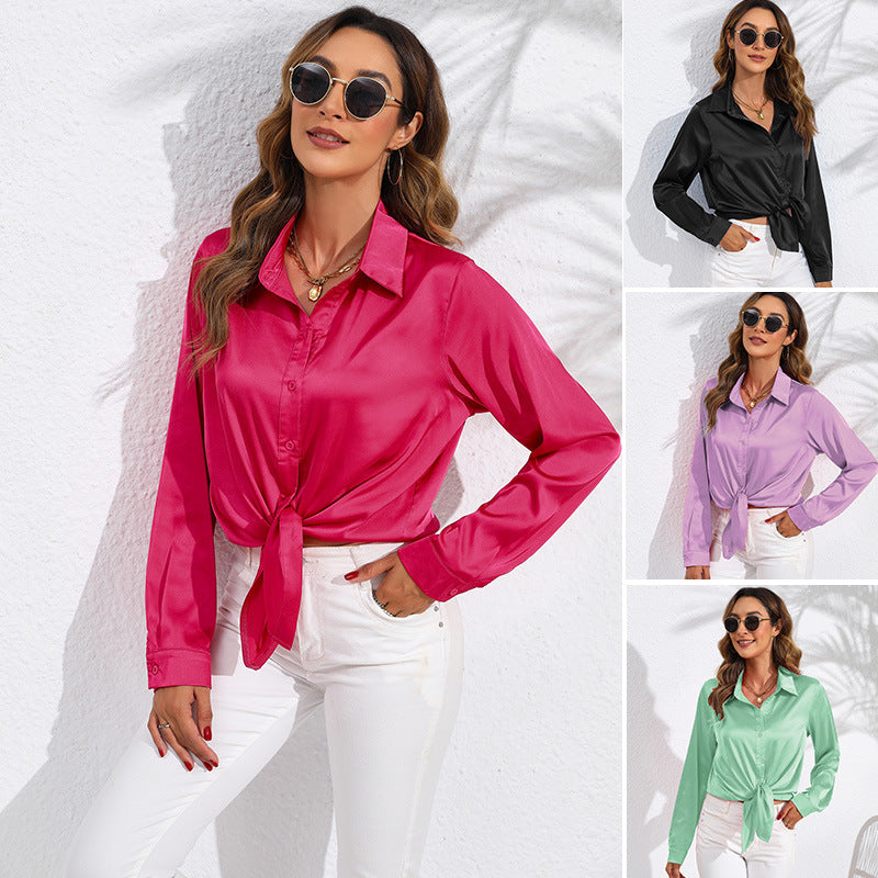Women's Solid Color Satin Satin Long Sleeve Blouse NorixaFashion.com