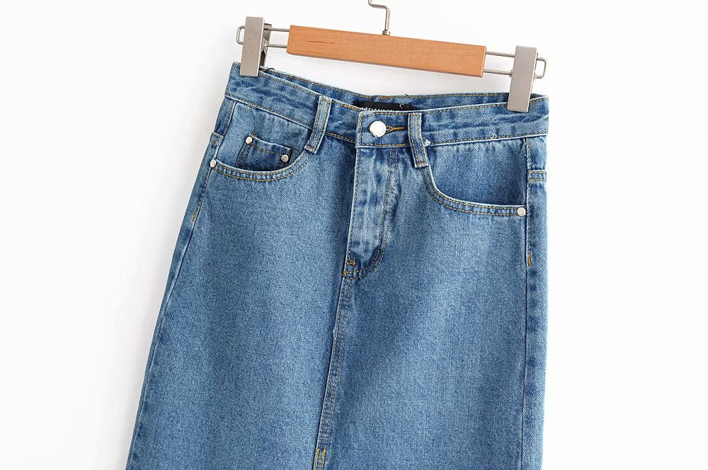 Split Hem Denim Skirt, Bodycon Denim Midi Skirt Pi-Mart