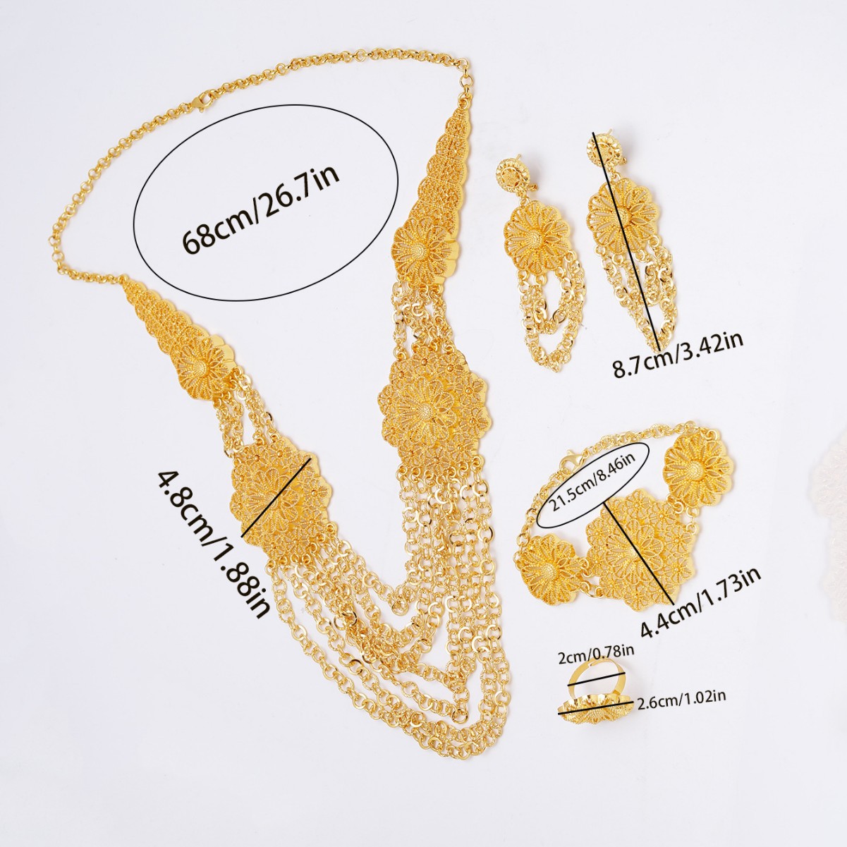 24K Gold Flower Necklace Earring Ring Bracelet Set LadyShow.Store