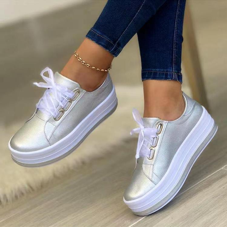 Single Large Size Casual European And American Lace-up Flat Round Toe Platform Women's Shoes CJD