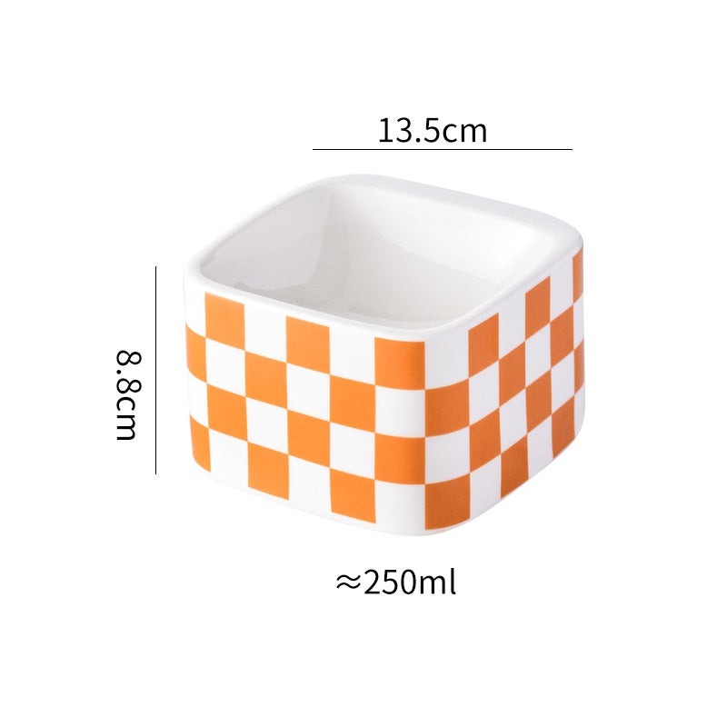 Black And White Lattice Ceramic High Foot Neck Protecting Pet Bowl Pets Fashion