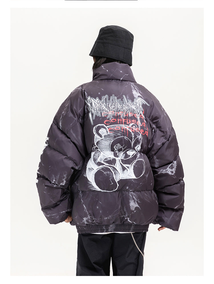 Bear graffiti stand collar cotton coat