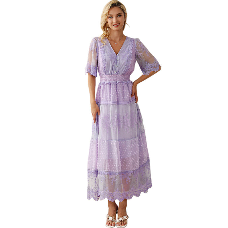 Lace V-neck Patchwork Dress Women NorixaFashion.com