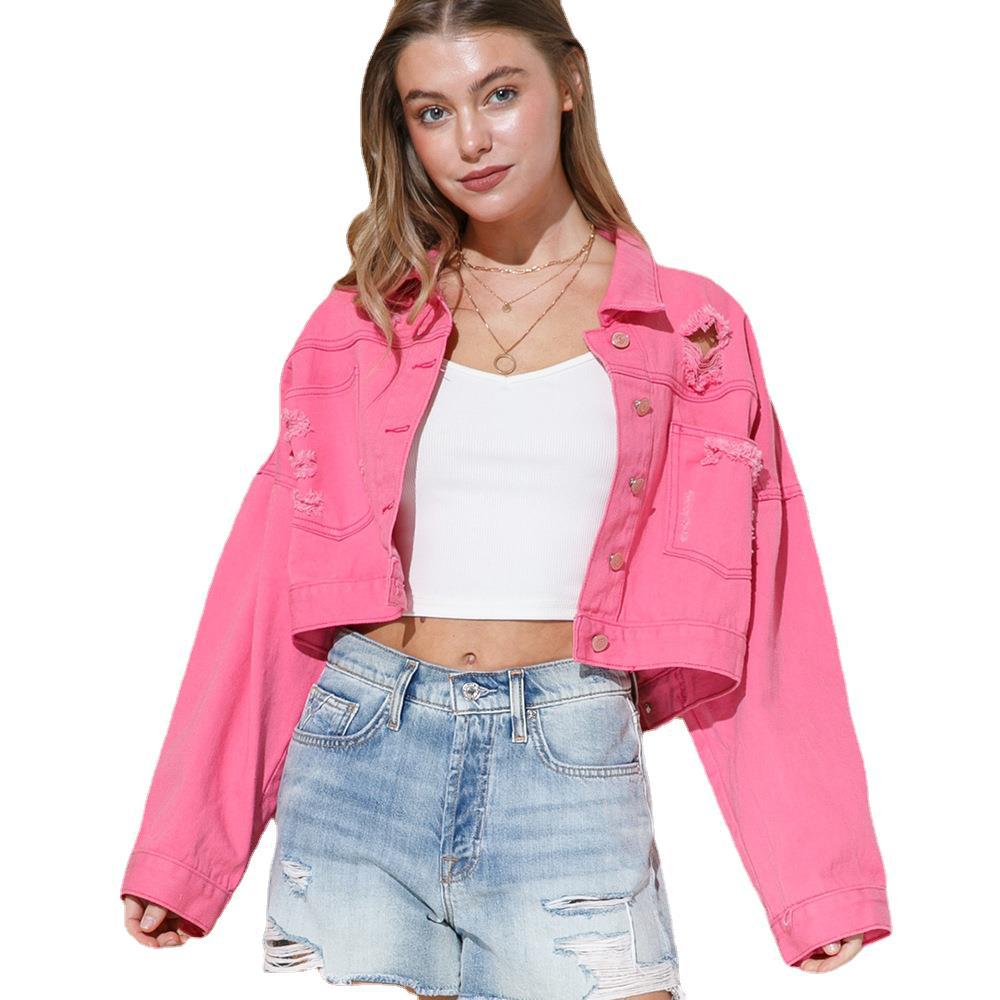 Ripped Rhinestone Denim Jacket Tassel Long Sleeve Denim Jacket