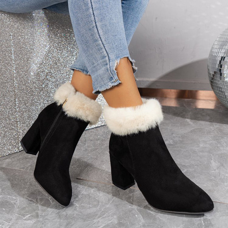 New Plaid Print Plush Ankle Boots Winter Fashoin Square Heel Suede Boots Women Casual Versatile Shoes Autumn And Winter LuxuryLifeWay Online Store