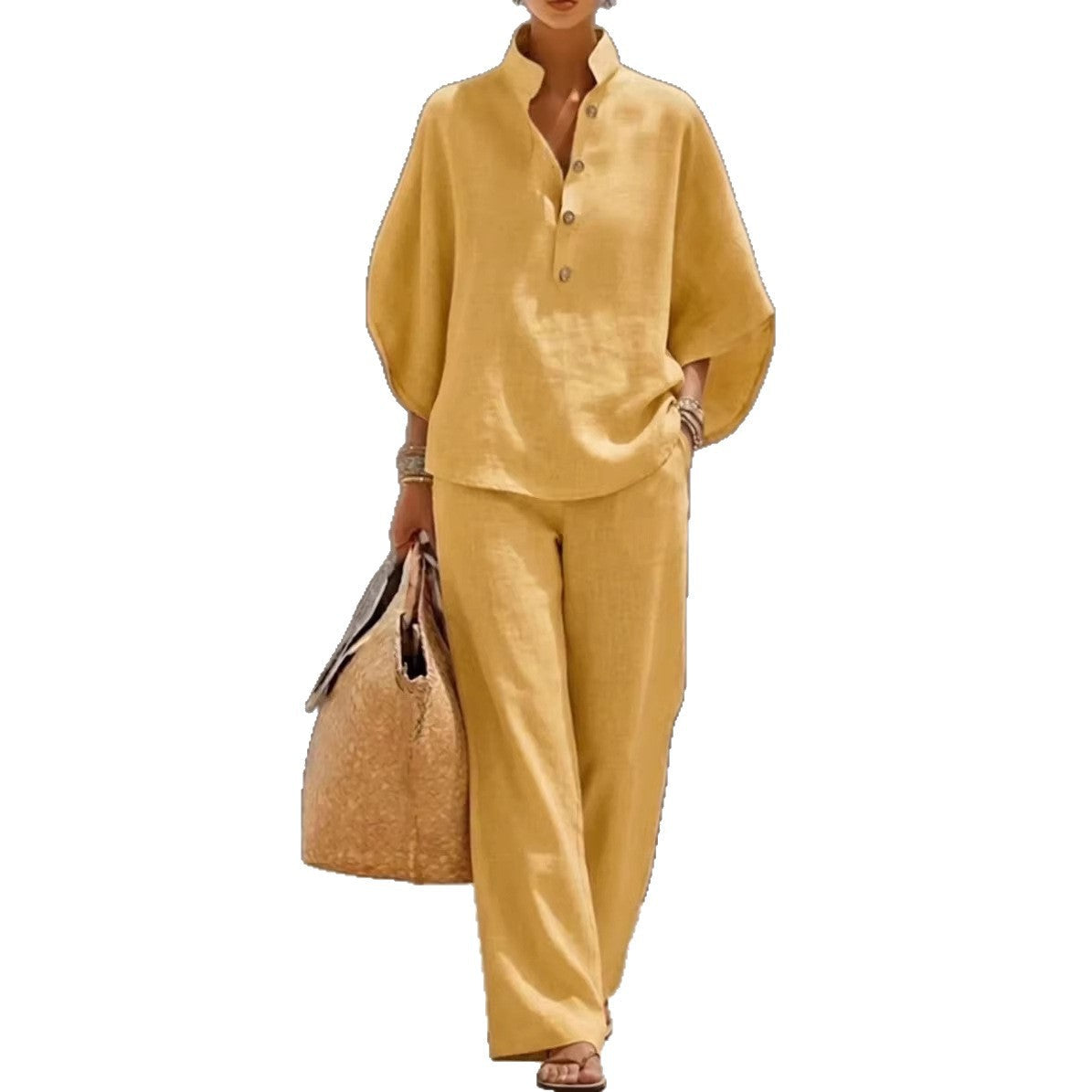 Women's Short-sleeved Suit Summer Loose Pullover Top And Straight-leg Trousers Outfit Clothing NorixaFashion.com