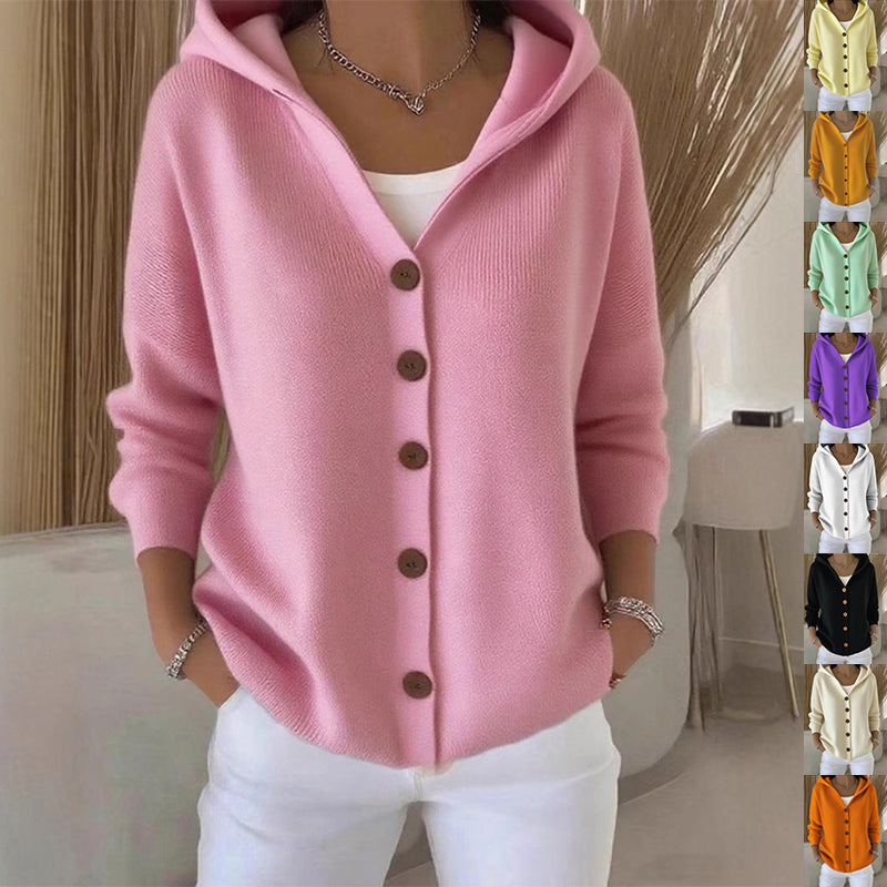 Ins Button Hooded Sweater Fashion Autumn And Winter Knitted Cardigan Casual Commuter Long Sleeve Top Women's Clothing NorixaFashion.com