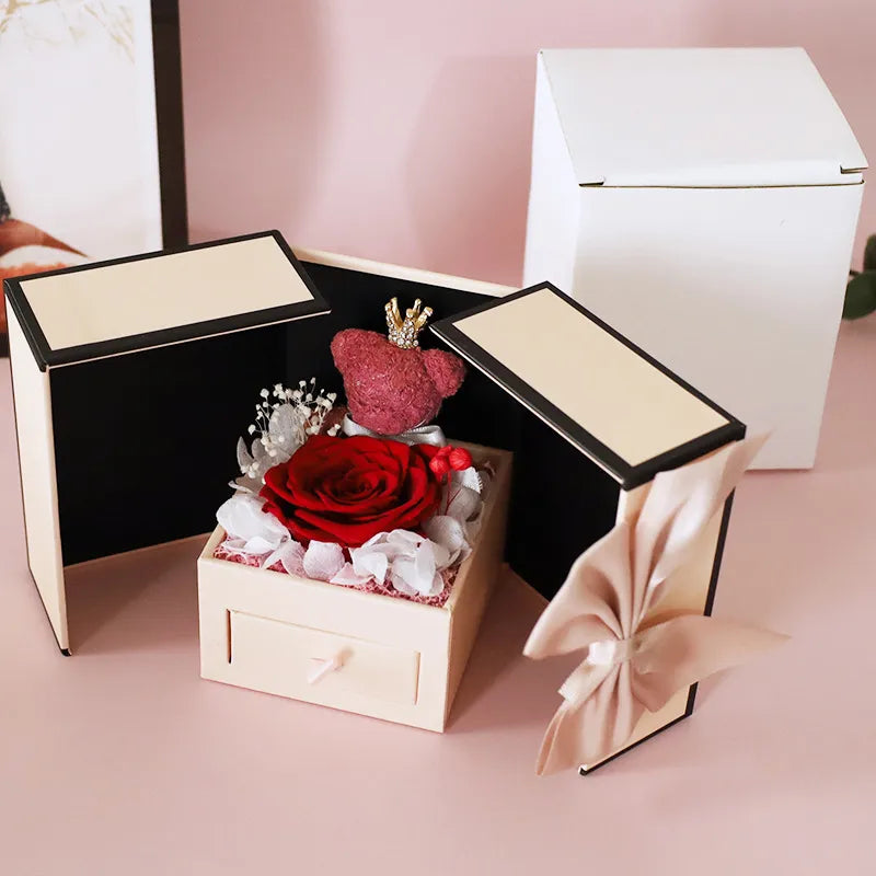 Mother's Day Gift Double Door Bear Rose Preserved Fresh Flower Jewelry Box LadyShow.Store