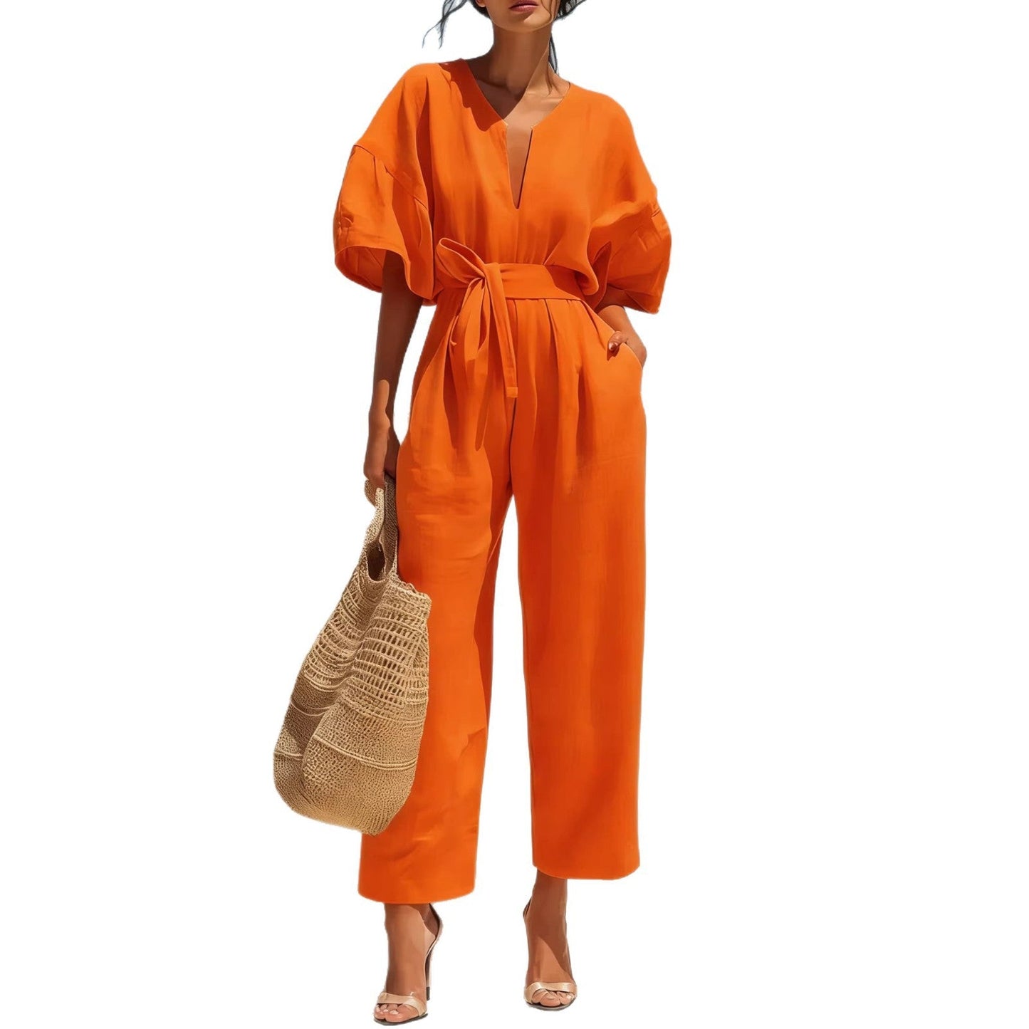 Fashionable V-Neck Solid Color Cotton-Linen Jumpsuit For Women LadyShow.Store