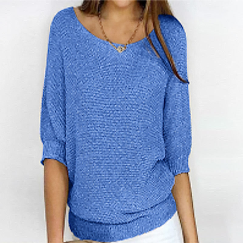 Three-quarter Sleeve Pullover Sweater Fashion Solid Color Loose Round Neck Knitted Top For Women Clothing NorixaFashion.com