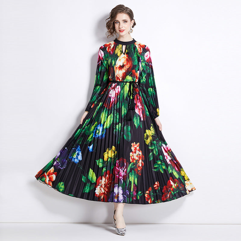Pleated Tassel Belt Dress Women NorixaFashion.com