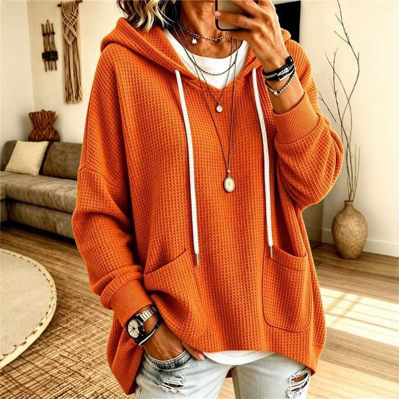 2026 European And American Women's Clothing Amazon Independent Station Waffe Loose Long Sleeve Hoodie Casual Hooded NorixaFashion.com