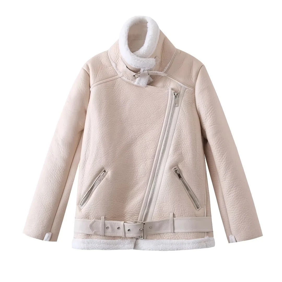 Burst Board Fur Integrated Lamb Fur Thick Warm Jacket Motorcycle LadyShow.Store