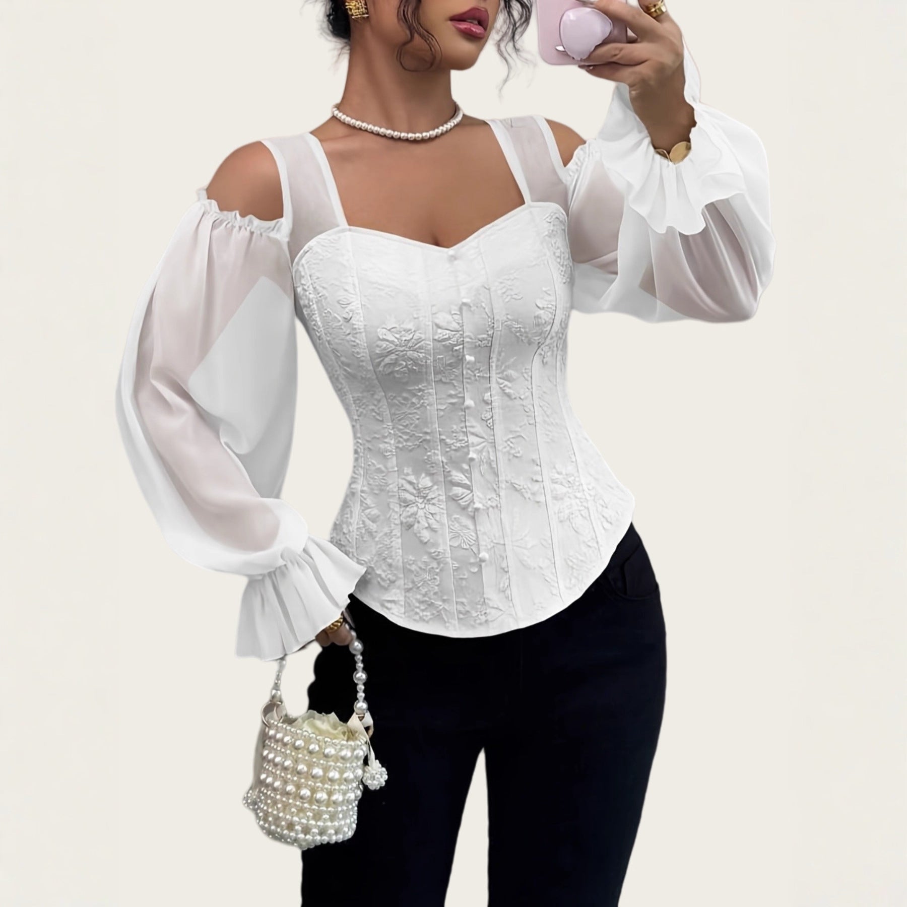 Elegant Off-Shoulder Floral Jacquard Blouse For Women LadyShow.Store